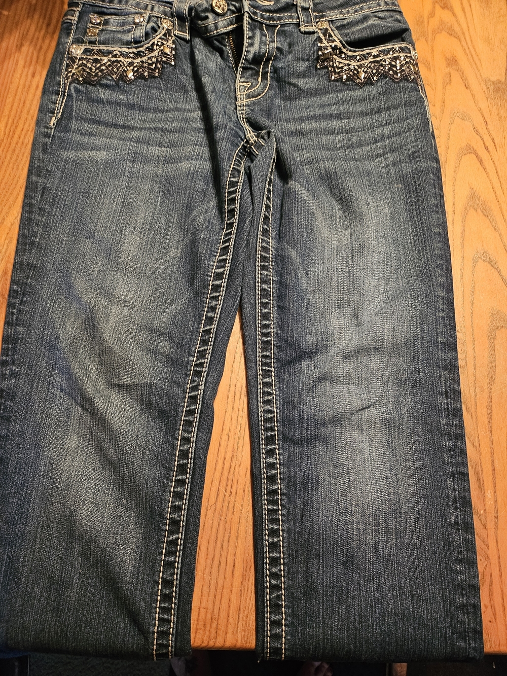 Miss Me Dark Blue Straight Leg Jeans with Embroidered Pockets Size 29